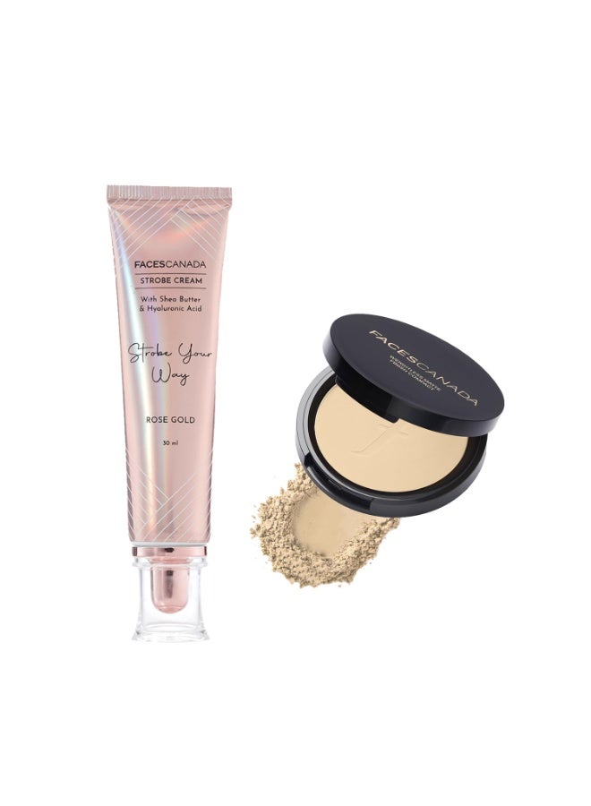 Facescanada FACES CANADA Stay Flawless Combo | Rose Gold Strobe Cream (30 ml) & Weightless Stay Matte Finish Compact Powder - Natural (9 gm) | Highlighter Glow | Flawless Finish | Hides Imperfections - Image 1